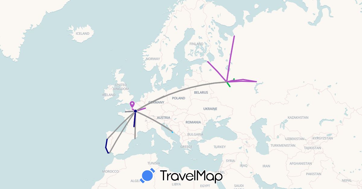 TravelMap itinerary: driving, bus, plane, train, boat in Germany, Spain, France, Croatia, Luxembourg, Portugal, Russia (Europe)