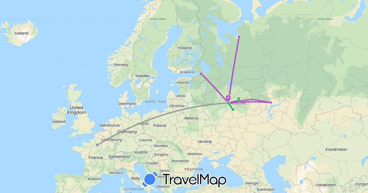 TravelMap itinerary: bus, plane, train in France, Russia (Europe)