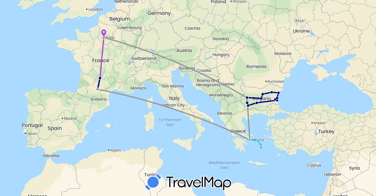 TravelMap itinerary: driving, plane, train, boat in Bulgaria, France, Greece (Europe)